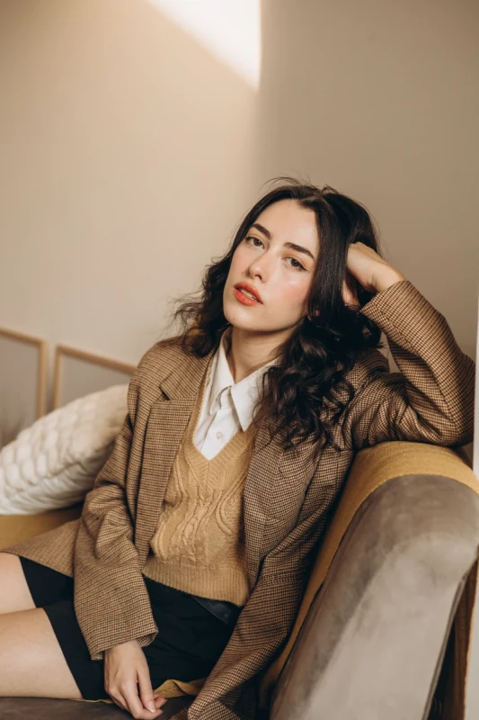 Kahverengi Dokulu Yün Karışımı Blazer